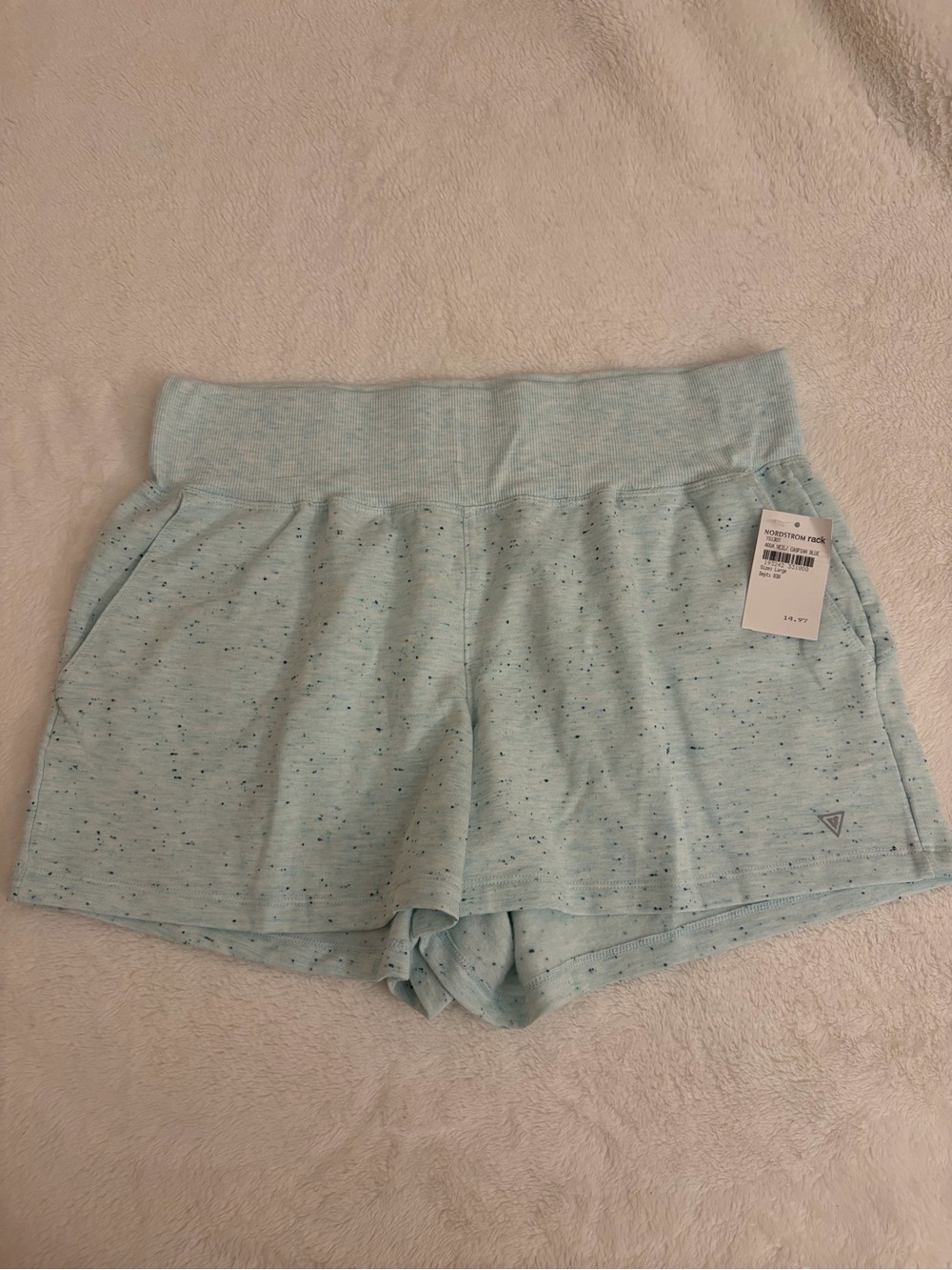Light Blue Speckled Fold-Over Waist Athletic Shorts